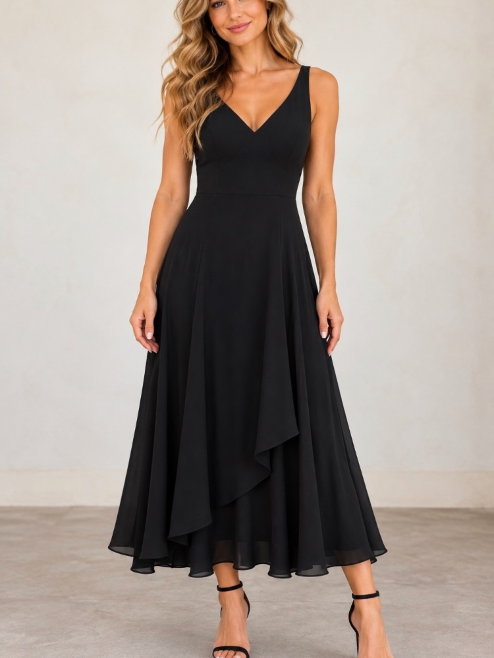 Elie Tahari Sleeveless Midi Dress Womens Size 8 Black Flowy Asymmetrical Formal